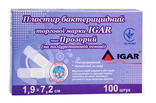 Пластир бактерицидний IGAR Прозорий (на поліуретановій основі) 1,9 &times; 7,2 см (100шт/уп) 004215 фото
