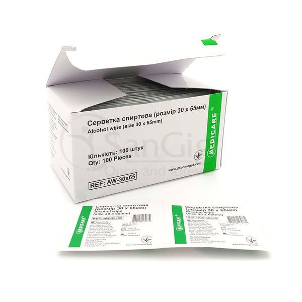 Салфетки спиртовые Medicare 65 х 30 мм (уп 100 шт.) 003249 фото